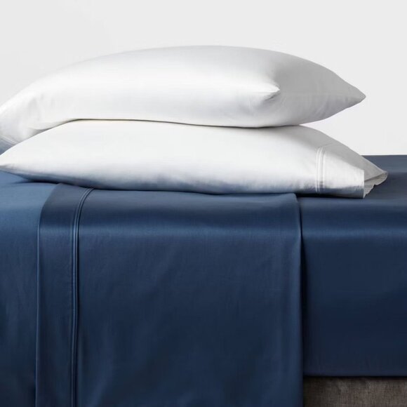NEW Threshold 400 Thread Count Performance Flat Sheet - King - Metallic Blue - Picture 1 of 10